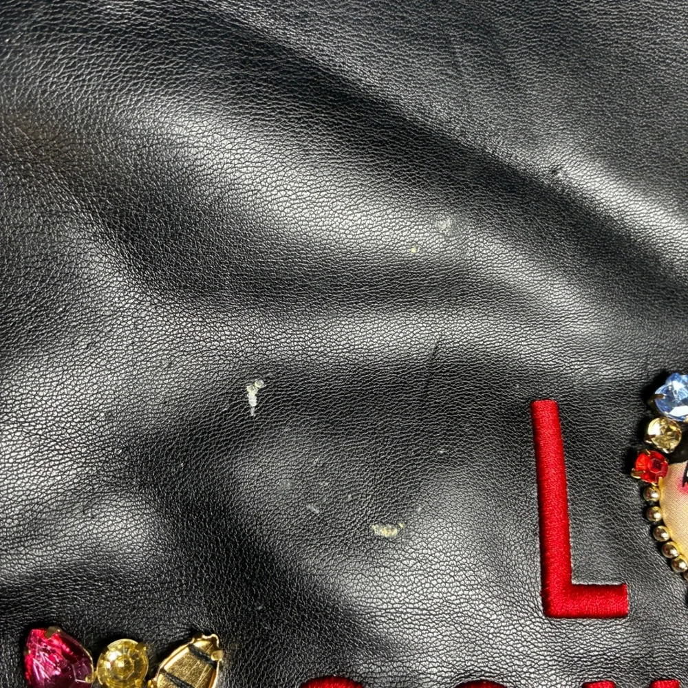 Love‎ Moschino Black Faux Leather Backpack Jeweled Patches Red Logo AS IS Repair